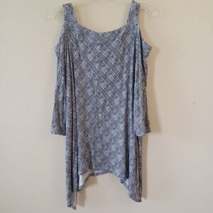 Catherines Top Sz 3X Black White Square Neck‎ 3/4 Sleeve Stretch Soft Travel